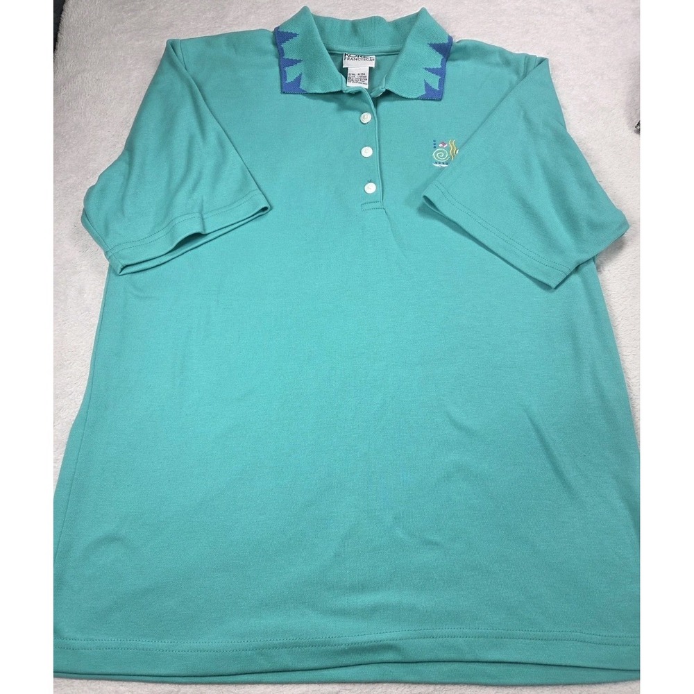 Vintage 90s Koret Francisca Teal Polo Shirt Womens Medium Embroidered Retro
